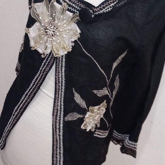Vintage CoVelo Black Linen Floral Jacket Cardigan - Size 6 - Picture 5 of 11